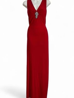 MSK Red Sleeveless Maxi Dress with Jewel Brooch